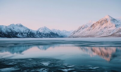 arctic lake, frozen patches, snow-covered peaks, crisp air, soft tones 