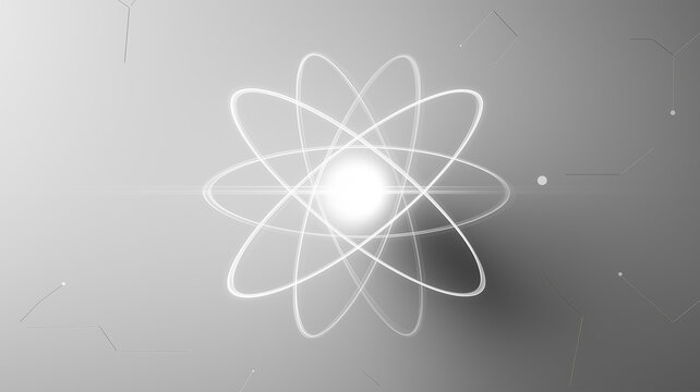 Minimalist atomic structure with smooth electron orbits on soft white background