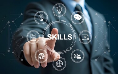 Businessman touching a virtual screen with the word skills and icons