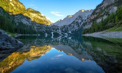 mountain lake at sunrise, mirror reflection of cliffs, clear water, alpine landscape 
