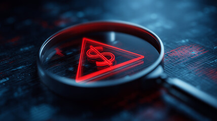 Magnifying glass focused on digital dollar with red warning triangle and cybersecurity theme