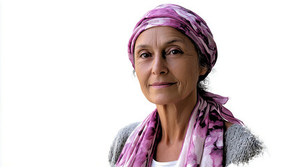 Beautiful portrait of a confident woman wearing a pink scarf, expressing strength and resilience against a simple background