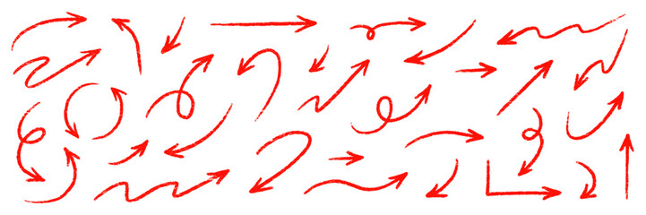 Arrow red hand handwritten sketch vector. Hand drawn pencil marker doodle arrow set brush line, curved direction pen style. Big thick rough artistic stroke for red clipart. Vector illustration