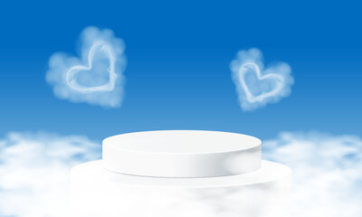 White 3D podium, in clouds on blue sky. Clouds in the shape of heart. Suitable for product display, presentation or advertising background. Summer sales, Weddings, Valentine's Day. Vector illustration