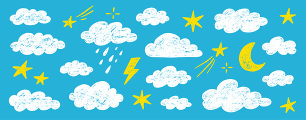 Cloud crayon texture star, moon set. Hand drawn crayon pencil stroke cloud, moon, sun weather shape with chalk texture. Sky elements for kid, baby, school background design. Vector illustration