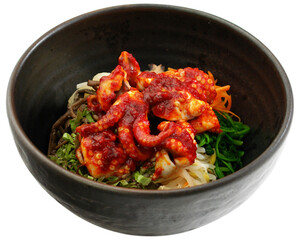 Spicy Korean Seafood Bibimbap in Ceramic Bowl