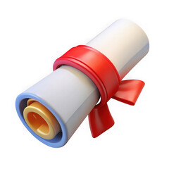 Rolled diploma with red ribbon and blue trim isolated on a transparent background scroll