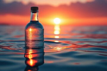 Obraz premium A Glass Bottle Reflecting a Vivid Sunset on Calm Waters, Symbolizing Clarity, Reflection, and the Tranquil Beauty of a Moment Captured in Time
