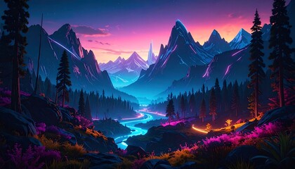 Majestic Mountain Landscape with Glowing River and Forest at Twilight