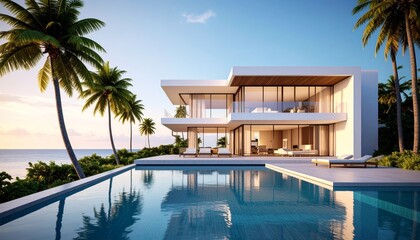 Fototapeta premium minimalist vacation home with pool palm trees. Minimalist concept of summer holiday, tropical escape