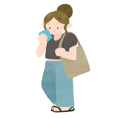 汗をハンカチで吹いている若い女性の手描きデフォルメイラスト