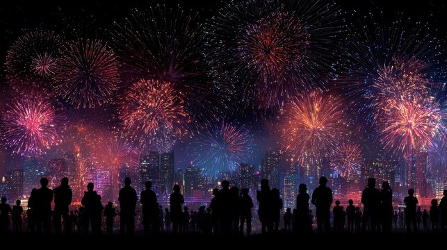 Silhouetted Crowd Watching Vibrant Fireworks Display Over Cityscape at Night