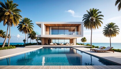minimalist vacation home with pool palm trees. Minimalist concept of summer holiday, tropical escape