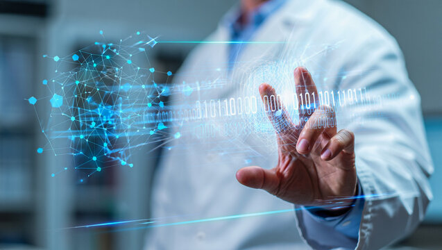 Corporate Executive Interacting with Advanced Hologram Interface for Business Intelligence, Analytics, and Strategy Planning