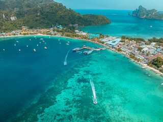 Aerial view of Phi Phi Island in Krabi Province, a tourist landmark of Thailand, a tropical...
