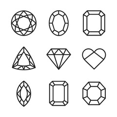 Luxury gemstone icon set with precious stone varieties. Outline symbols. Line design