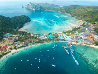 Aerial view of Phi Phi Island in Krabi Province, a tourist landmark of Thailand, a tropical...