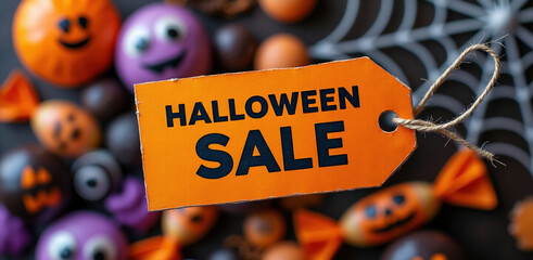 Halloween Sale Tag with Candy and Spiderweb Background for Seasonal Promotions and Marketing Materials