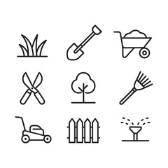 Obraz premium Garden landscaping equipment icons. Outline symbols. Line design