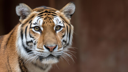 Fototapeta premium Close-up of a tiger's face with striking eyes, detailed fur patterns, and a sharp gaze against a blurred brown background.