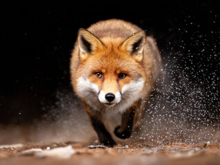 Obraz premium red fox sprints toward the camera through a dark background, kicking up dirt and snow as it moves with intense focus.