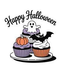 Halloween cup cake vector illustration.  with pumpkin, bats and boo.. happy halloween