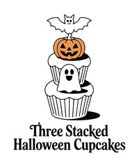 Charming Stacked Halloween Cupcakes Vector. Cute Ghost, Pumpkin, & Bat Toppers on Dessert Treat. Perfect Holiday Bakery Graphic
