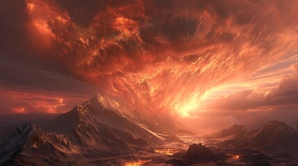 Asteroid shockwave flattening mountains with molten clouds in scarlet sky