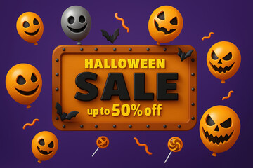 Halloween Sale Promotion with Pumpkin Balloons and Bats on Purple Background for Festive Season Marketing Campaign