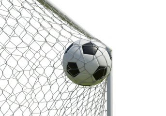 Isolated Soccer Ball Scores on Goal Net Transparent Background