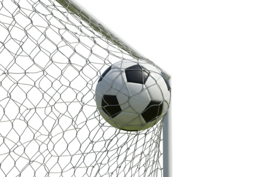 Isolated Soccer Ball Scores on Goal Net Transparent Background