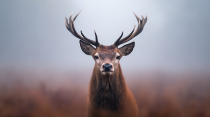  majestic stag with large antlers stands against a blurred natural background, exuding strength and calmness.