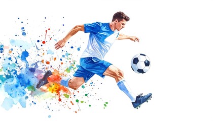 Watercolor painting of soccer players playing soccer with splashes of paint on a white background.