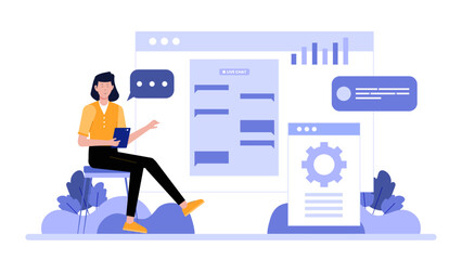 Online customer service chat support for websites or apps, featuring a virtual assistant providing assistance and answering queries. Suitable for tech businesses.