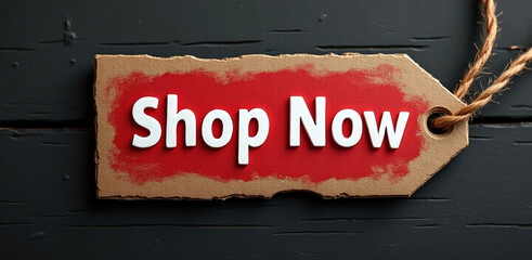 Bold Shop Now Tag on Red Background Encouraging Immediate Purchases and Highlighting Special Offers for Shoppers