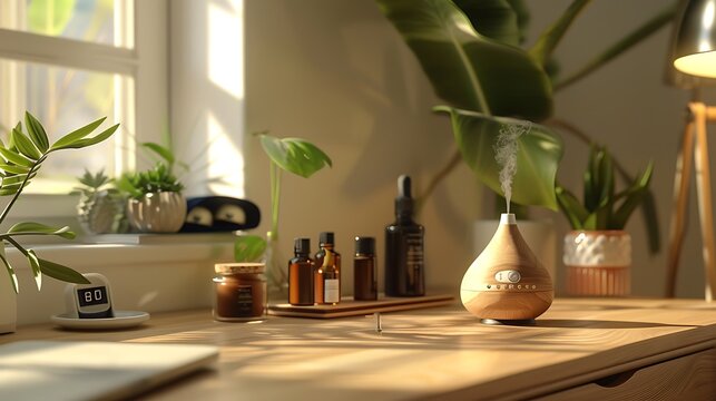 A serene office corner with a calming essential oil diffuser and a collection of oils