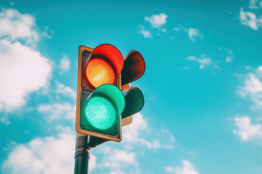 Green traffic light glowing in the sky with a green background