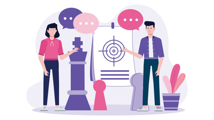 Illustration of two people strategizing towards a common target goal. Perfect for business presentations, marketing materials, and team building concepts.