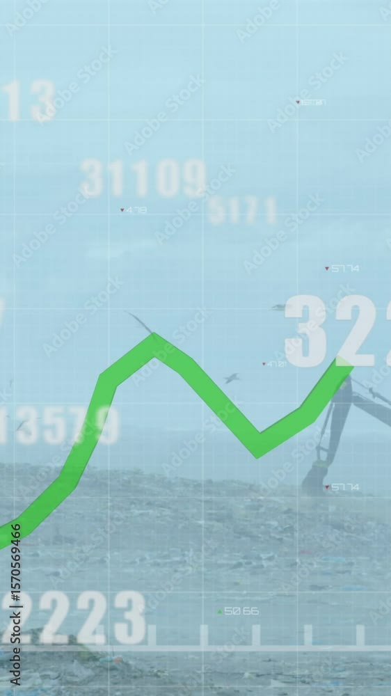 Poster multiple changing numbers floating over green graph moving against bulldozer working on landfill