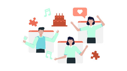 Virtual birthday party with happy people suitable for online birthday invitations, social media posts, virtual celebration announcements, and ecards.