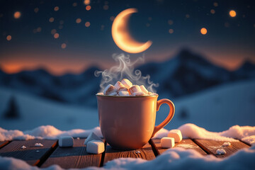 Cozy Hot Chocolate with Marshmallows Under Crescent Moon in Winter Landscape Offering Warmth and Comfort