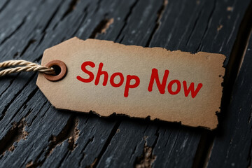 Shop Now Tag on Weathered Wood Surface Inviting Customers to Explore Products and Services Available for Purchase