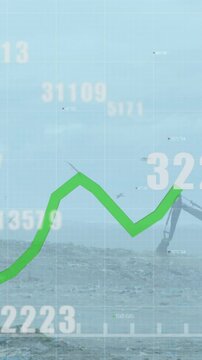 Multiple changing numbers floating over green graph moving against bulldozer working on landfill