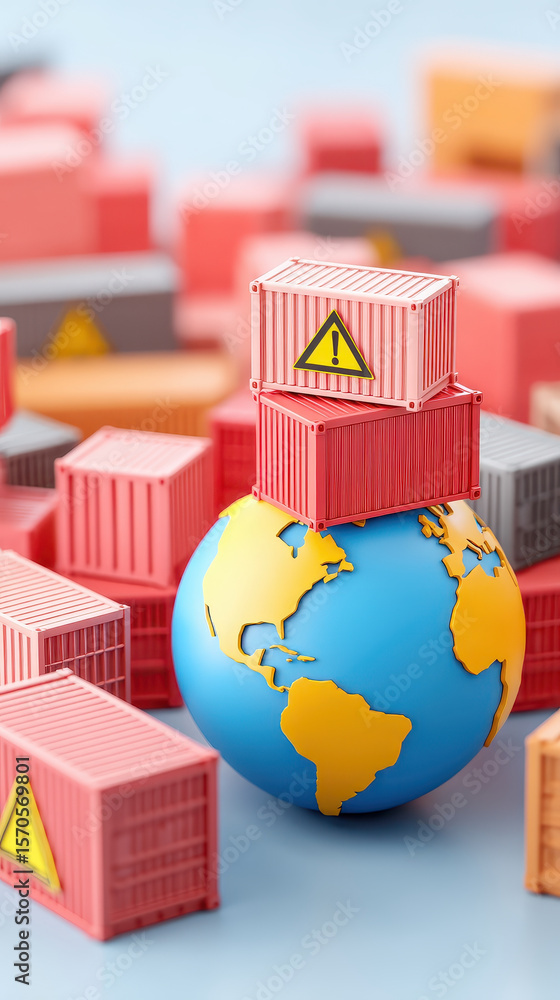 Poster supply chain disruption concept with red cargo container boxes stacked on globe symbolizing global l
