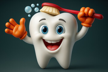 Animated Tooth Character with Toothbrush and Bubbles Promoting Dental Hygiene and a Healthy Smile on Dark Background