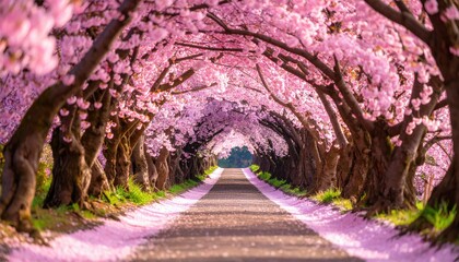 Soft Pink Sakura Tunnel Framing Winding Pathway With Fallen Petals in Springtime