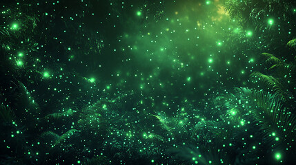 Abstract background of glowing greenery. Mystical forest canopy with floating lights.