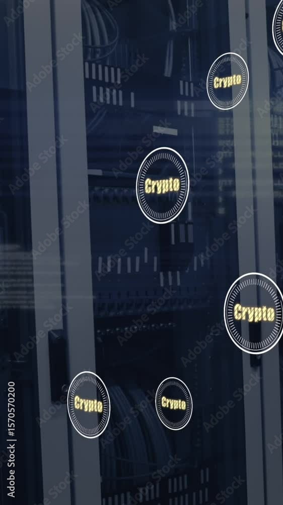 Poster crypto text on multiple round scanners floating against computer server room