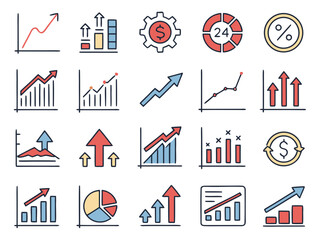 Collection of business growth and financial charts isolated on white background