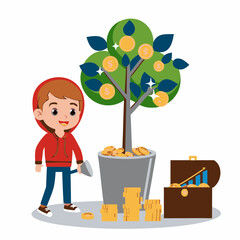 Boy watering a money tree with coins and a treasure chest isolated on white background